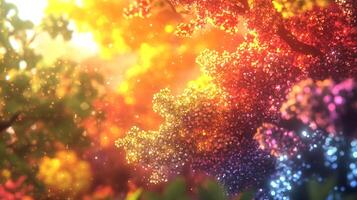 Enchanted Autumn Forest with Radiant Multicolored Foliage and Soft Sunlight Glows photo