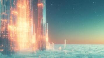 Futuristic Skyline Amongst Clouds with Glowing Light Structures and Starry Sky photo