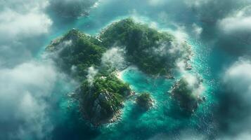 Aerial View of Verdant Island Surrounded by Turquoise Waters and Light Clouds photo