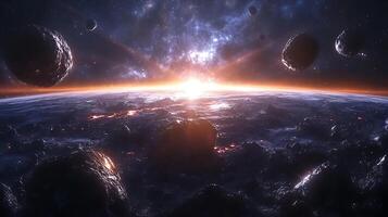 Stunning Outer Space Scene with Asteroids and a Glowing Horizon photo