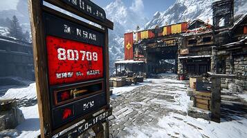 Snow-Covered Mountain Village with Wooden Architecture and Rustic Atmosphere photo