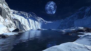 Serene Nightscape Featuring Icy Cliffs, Clear Waters, and a Luminescent Full Moon photo