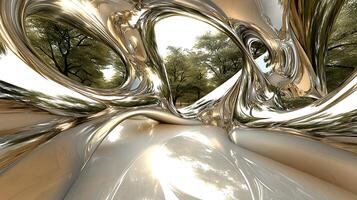 Abstract Metallic Structure Reflecting Trees in a Natural Forest Setting photo