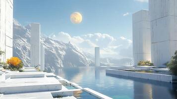 Serene Futuristic Marble Structures Reflecting Over Pristine Waters Under Moonlight photo