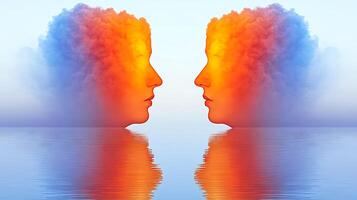 Artistic Concept of Two Faces Emerging from Vibrant Clouds Over Water Reflection photo