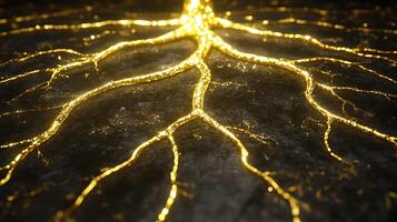 Golden Metallic Roots Displaying Illuminated Patterns on Dark Background photo