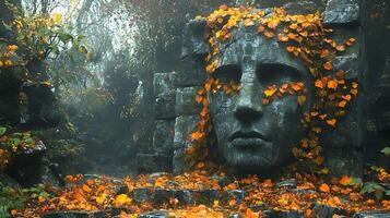 Ancient Stone Face Shrouded by Autumn Foliage in a Misty Forest photo