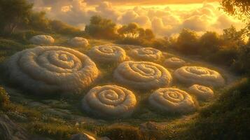 Surreal Landscape of Spiral Clouds on Rolling Hills at Sunset photo