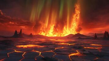 Fiery Landscape with Lava Terrain and Aurora Borealis Vibrant Skies photo