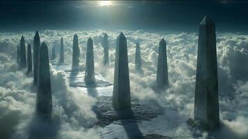 Dramatic Obelisks Rising Above Clouds in a Mystical Landscape photo