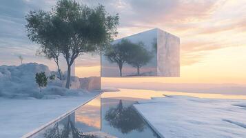 Surreal Floating Mirror Box with Trees and Reflection at Sunset photo