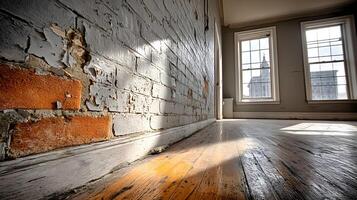 Distressed White Brick Wall Old Wooden Floor Sunlight Streaming Through Windows in Abandoned photo