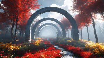 Enchanted Forest Path With Stone Arches and Glowing Autumn Foliage photo