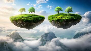 Fantastic Scene of Floating Islands with Trees Above the Clouds photo