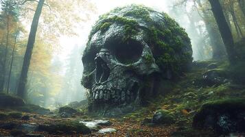 Mysterious Forest Scene Featuring a Giant Skull-Shaped Rock in Autumn Light photo