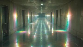 Brightly Lit Hallway with Reflective Rainbow Light Patterns photo