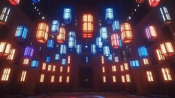 Illuminated Hanging Lanterns in a Dark Architectural Hall with Vibrant Colors photo