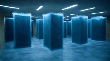 Modern Abstract Installation Featuring Illuminated Thread-Like Patterns in a Dark Space photo