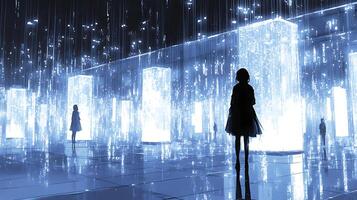 Futuristic Scene of Illuminated Tall Structures in a Modern Indoor Space photo