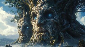 Ancient Tree Beings With Glowing Eyes in Mystical Forest Landscape photo