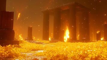 Burning Ruins with Glowing Golden Debris in a Fiery Atmosphere photo