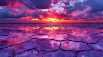 Mesmerizing Sunset Over Cracked Texture With Vibrant Reflections and Colorful Clouds photo
