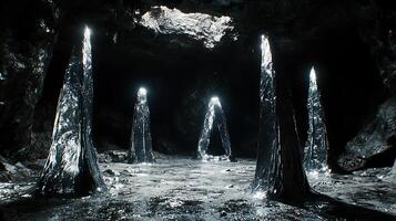 Enchanting Underground Cavern Illuminated by Mysterious Shimmering Metallic Formations photo