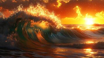 Golden Ocean Wave Illuminated by Setting Sun Amid Vibrant Twilight Skies photo