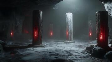 Mysterious Ancient Cave With Illuminated Monolithic Red-Glow Columns in Eerie Atmosphere photo