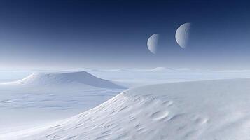 Surreal Landscape With Ice Plains and Two Large Moons in the Sky photo