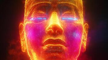 Vibrant Digital Face Sculpture Illuminated in Neon Colors with Futuristic Elements photo