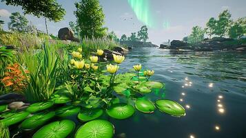 Serene Pond with Lily Pads and Aurora in a Tranquil Setting photo