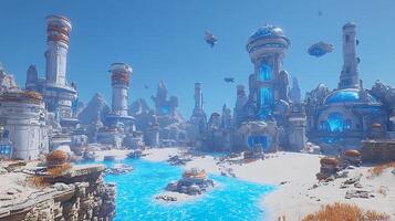 Futuristic Desert City with Luminous Structures and Floating Architecture photo