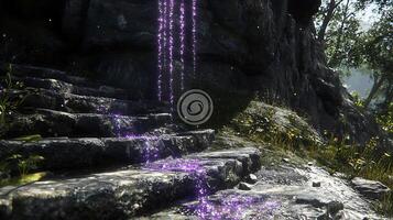 Mystical Forest Scene with Glowing Purple Lights and Stone Path photo
