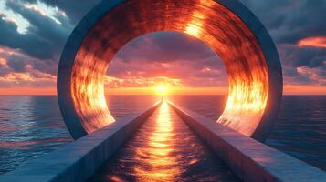 Pathway Through Abstract Metallic Arch Reflecting Sunset Over Endless Ocean photo