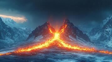 Scenic Volcano Eruption with Glowing Lava Flow and Snowy Mountains photo