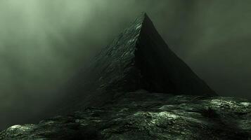 Mysterious Green Pyramid Shrouded in Fog on Rugged Terrain photo