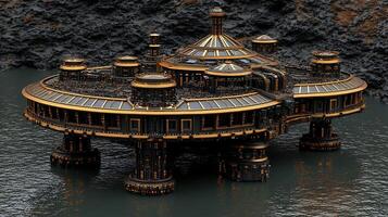 Futuristic Floating Structure with Golden Accents in a Mystical Waterscape photo