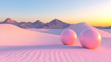 Pink Sand Dunes and Spherical Objects in a Serene Desert Landscape photo