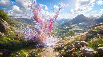 Burst of Vibrant Colors Exploding in a Pristine Mountain Landscape photo