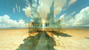 Mirrored Structure in a Vast Desert Landscape with Abstract Effects photo