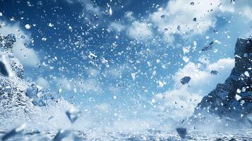 Dynamic Ice Fragment Storm in a Mountainous Winter Landscape under Clear Sky photo