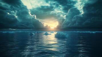 Sunset Over Arctic Ocean with Icebergs and Dramatic Dark Clouds photo