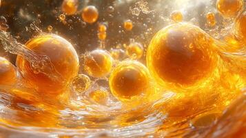 Dynamic Splash of Vibrant Golden Liquid with Spherical Orbs and Motion photo