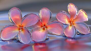 Three Crystal-Like Flowers Floating on a Calm Reflective Surface photo