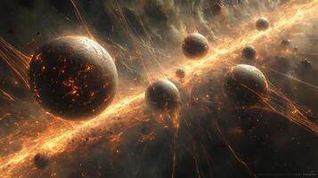 Futuristic Planetary System With Fiery Cosmic Energy Streams in Space photo