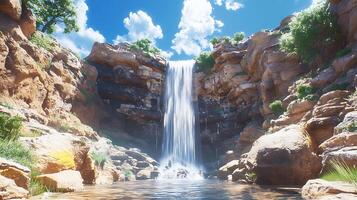 Majestic Waterfall Cascading Down Rocky Cliff in a Serene Natural Setting photo