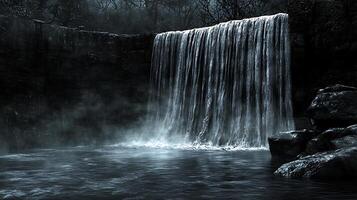 Majestic Waterfall Surrounded by Misty Rocks in a Serene Forest Setting photo