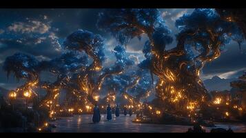 Magical Night in an Enchanted Forest with Illuminated Trees photo