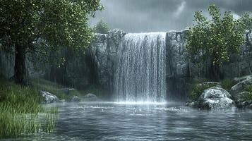 Serene Waterfall Flowing in a Peaceful Nature Scene During a Tranquil Rainfall photo